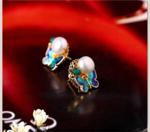 Pearl Cloisonne Butterfly Stud Earrings (2)