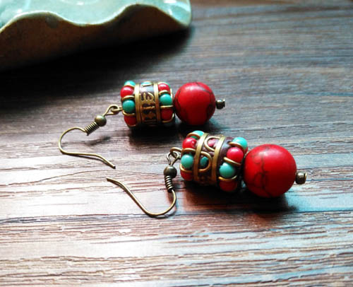 Red Turquoise 925 Sterling Silver Dangle Drop Earrings